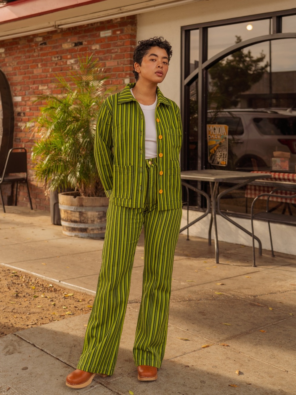 Big Bud Press Olive & Black Striped Jacket and Wide-Leg Pants Set